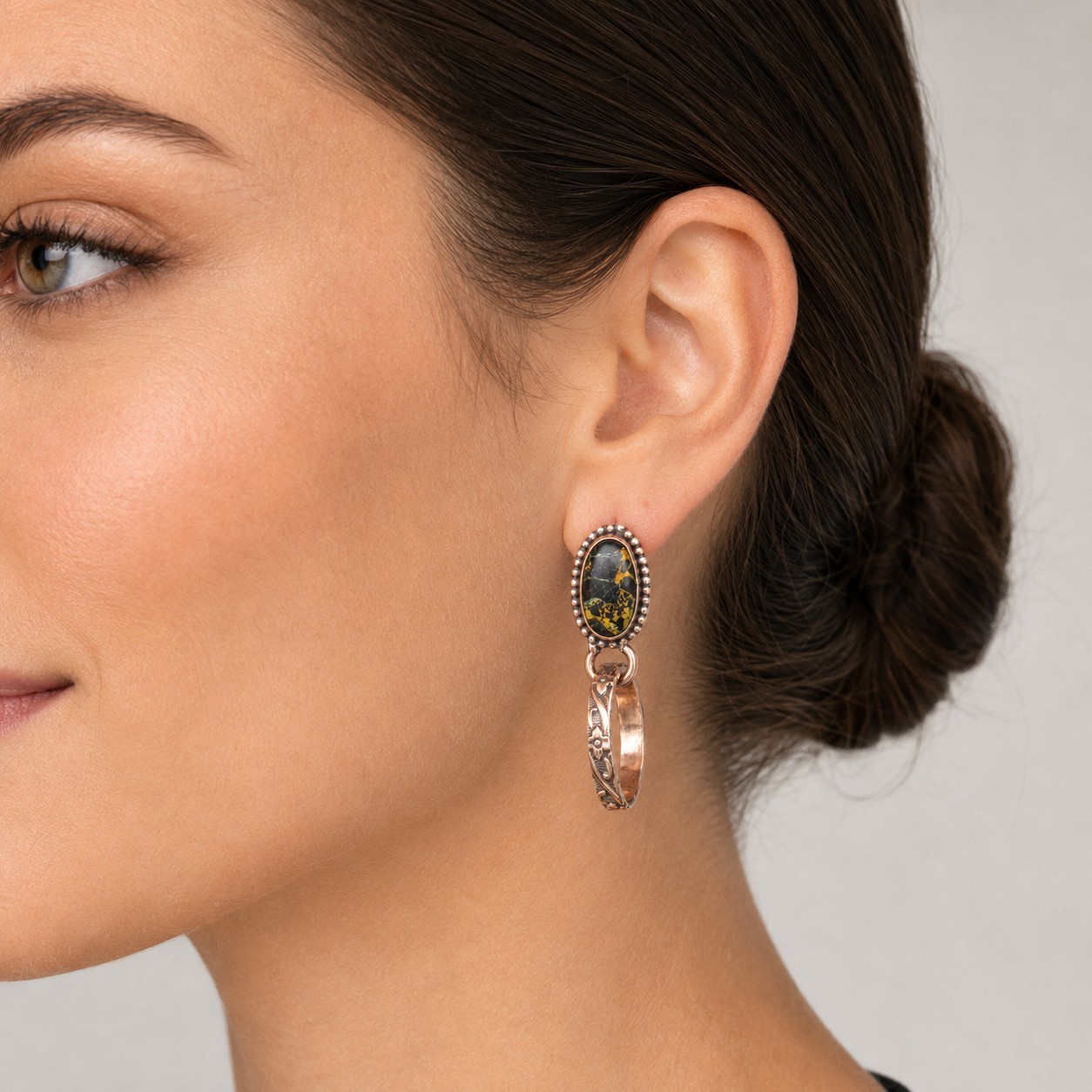 Black Jack Turquoise Copper Hoop Earrings Dangle Southwestern Native Style