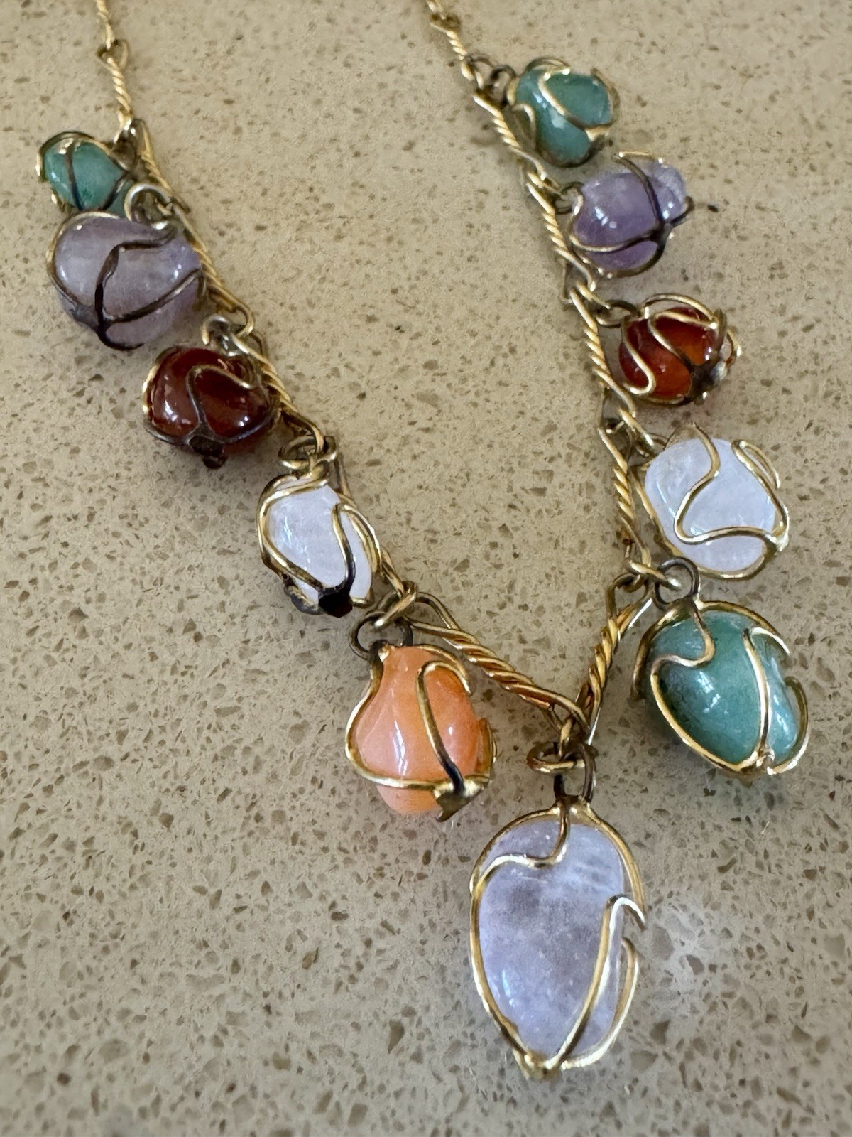 Gold Tone Cable Chain Necklace Multicolor Irregular Glass Charm Dangles