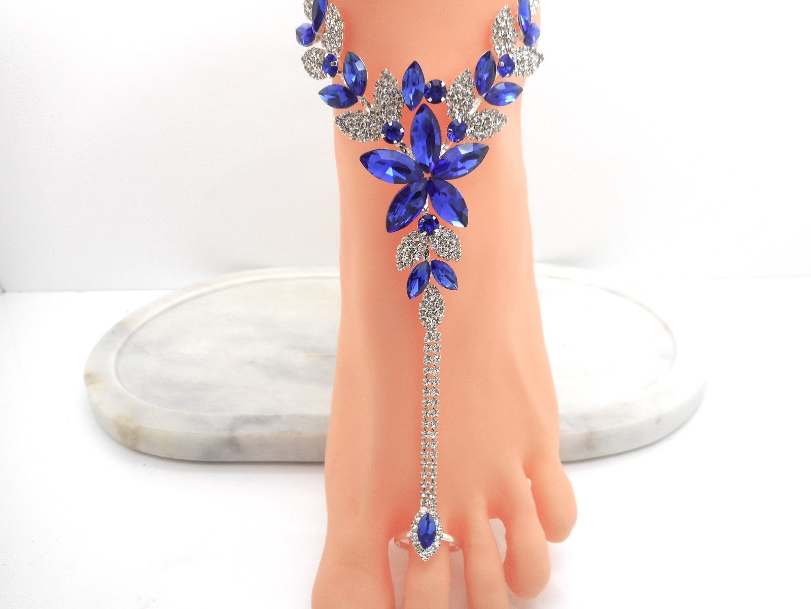 Slave Anklet Attached Toe Ring One Ankle Bracelet Silver Plated Cobalt Crystal