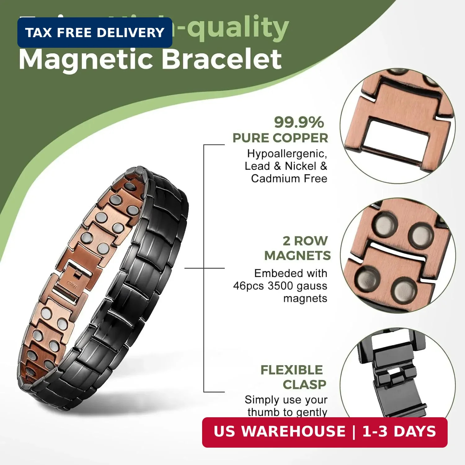 MagEnergy Mens Copper Magnetic Bracelets, 99.9% Pure Copper Bracelet with Double