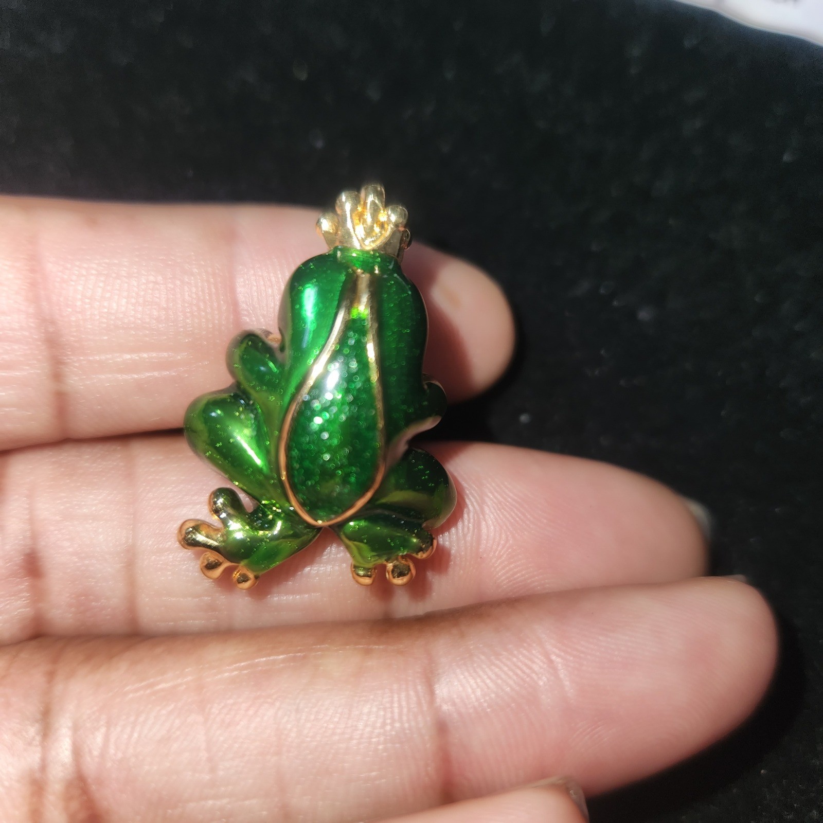 Green Enamel Frog Prince Pendant Gold Tone Iridescent Orb Charm Fairytale