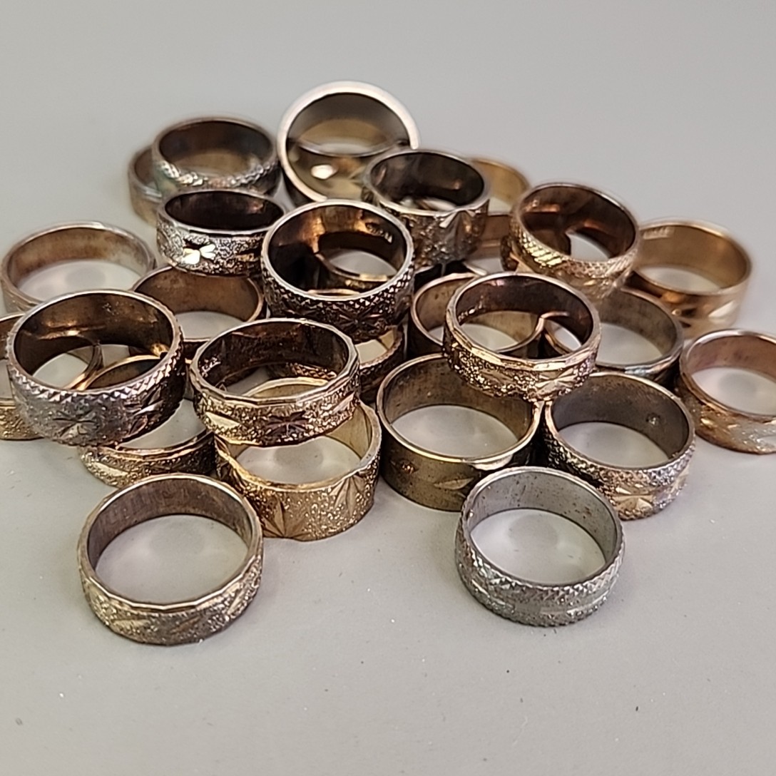 Band Ring Lot of 29 18K Heavy Gold Electroplate Various Sizes 4 to 8 HAVE WEAR