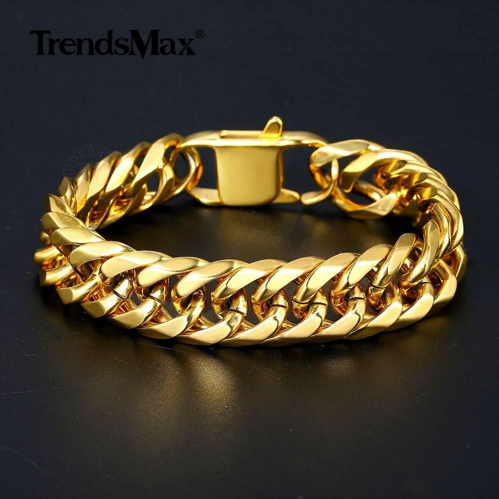 15mm 316L Stainless Steel Mens Chain Curb Cuban Link Bracelet Silver Gold Plated