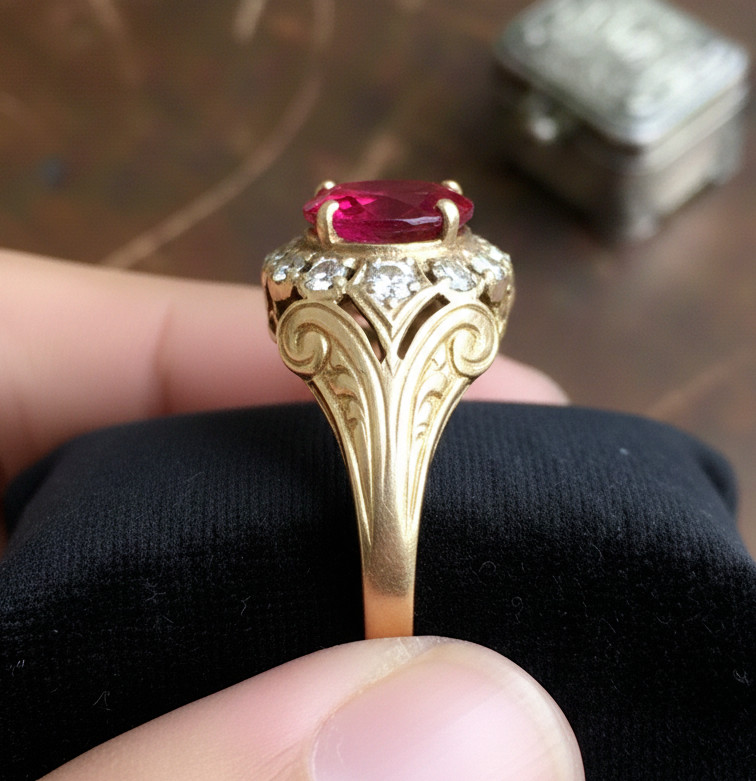 Vintage Ruby Victorian Ring Pigeon Blood Ruby Gold Plated 92.5 Sterling Silver