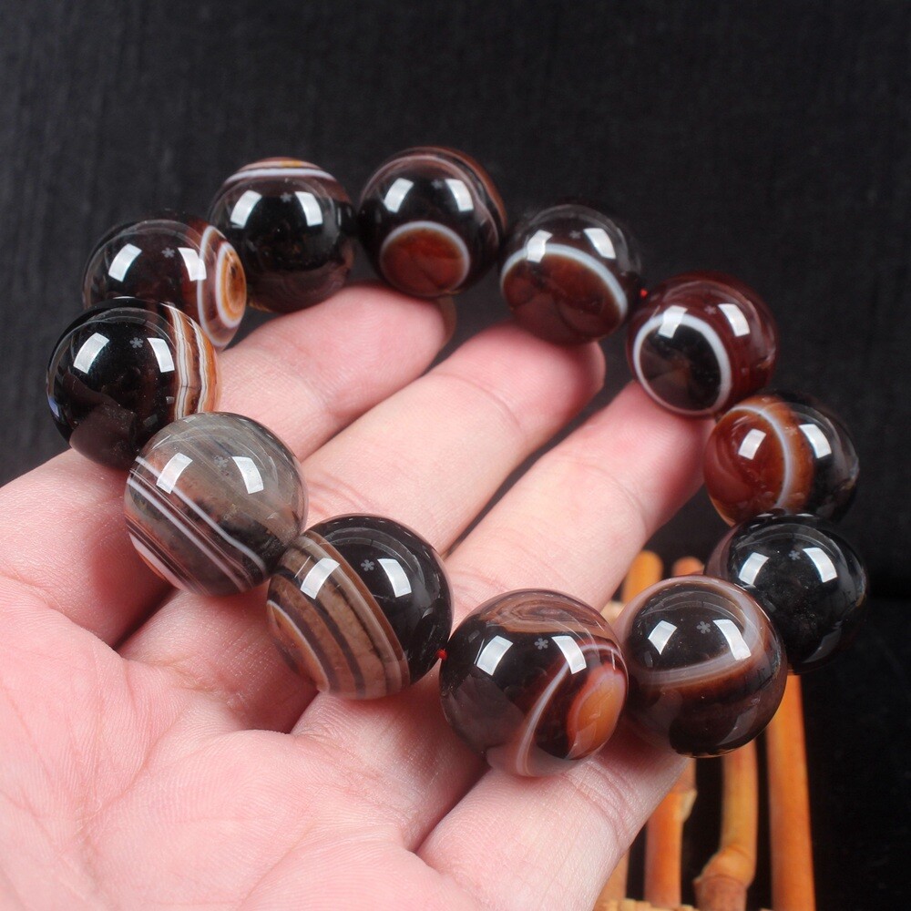 20mm Rare China Natural Agate Onyx Carved Buddha Beads Bracelet Bangle Wristlet