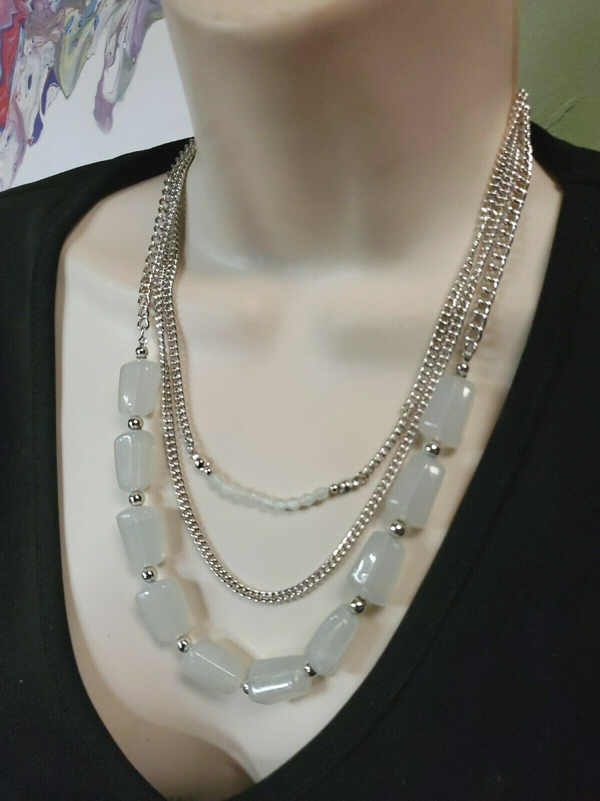 Silver Tone Multi Chain Layered Necklace with Clear White Style & Faceted Beads