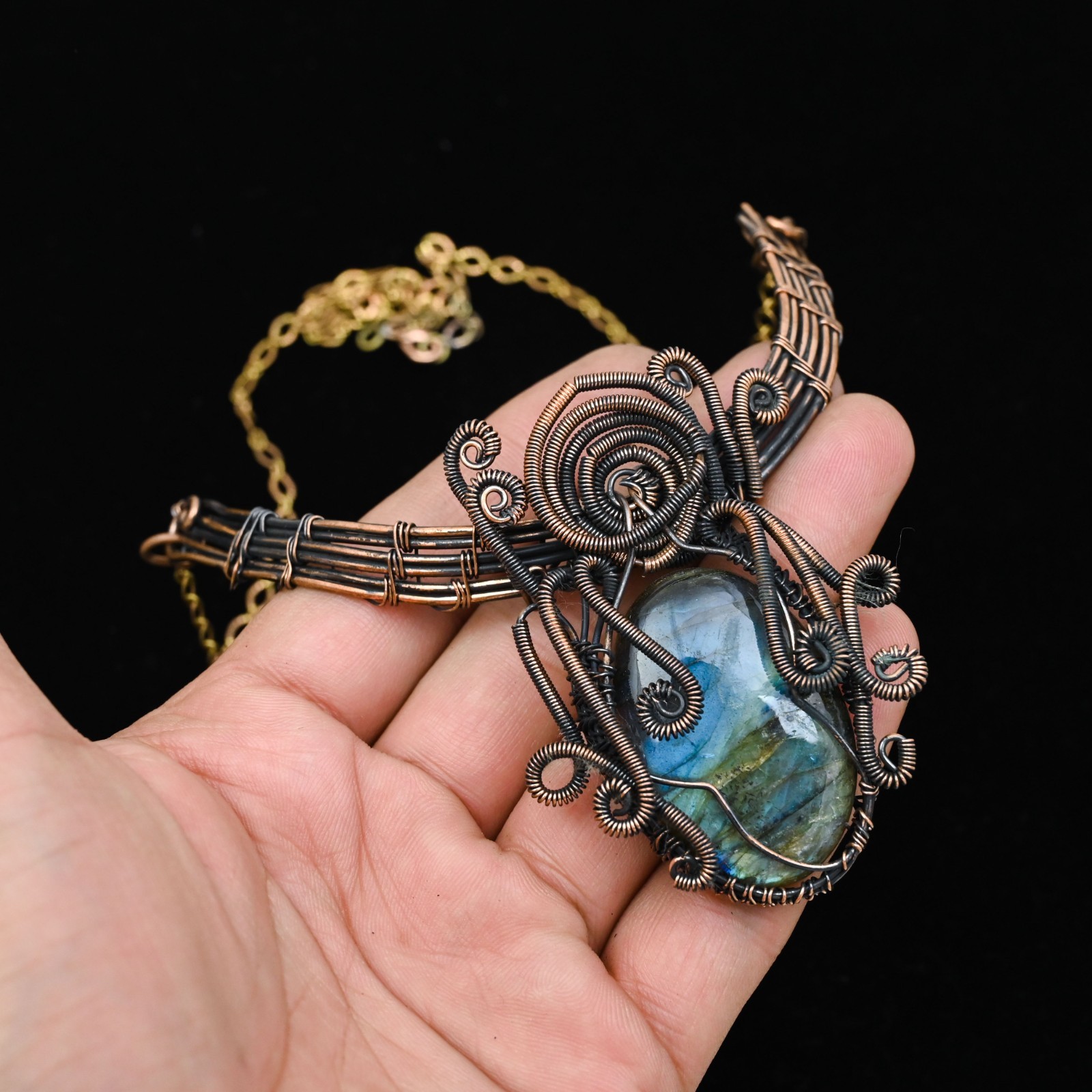 Copper Wire Wrapped Labradorite Pendant Necklace| Large Round Artisan Gemstone