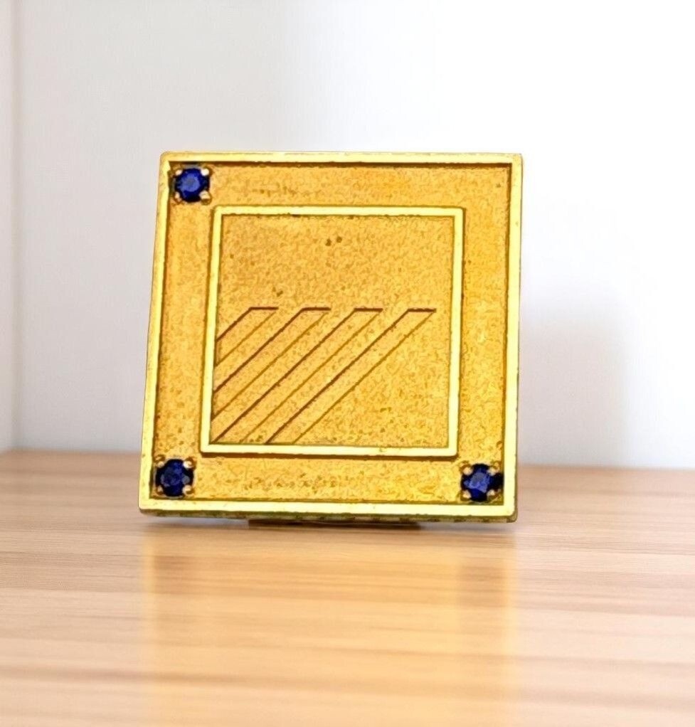 Jostens Gold Tone Square Lapel Pin with Blue Rhinestone Accents Geometric Design