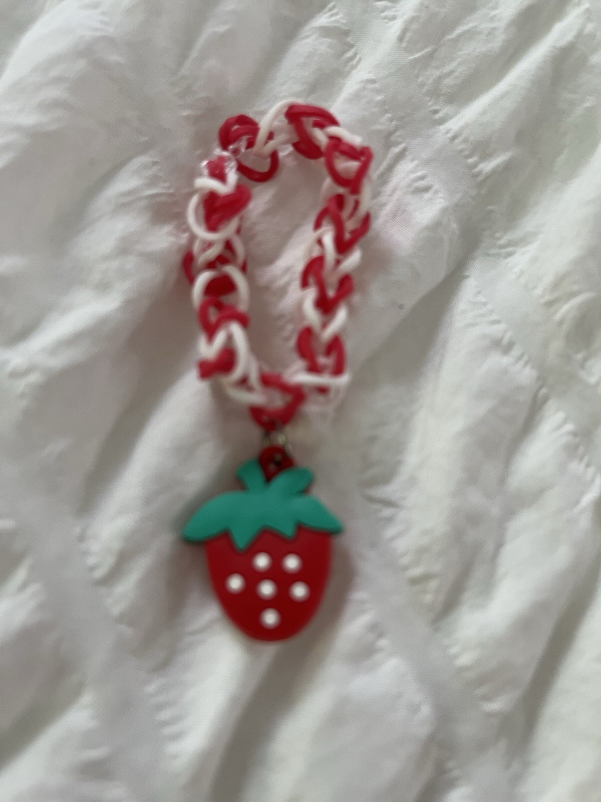 Red & White Braided Chain Charm Bracelet Slip-On, Strawberry Dangle