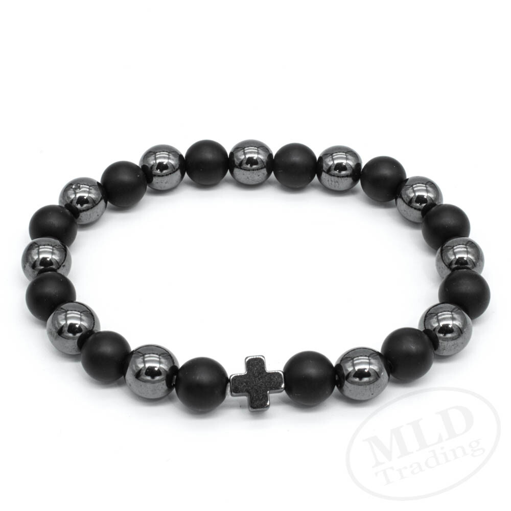 Black Hematite & Natural Stone Beads Cross Bracelet, Elastic Cord, 7 Inches
