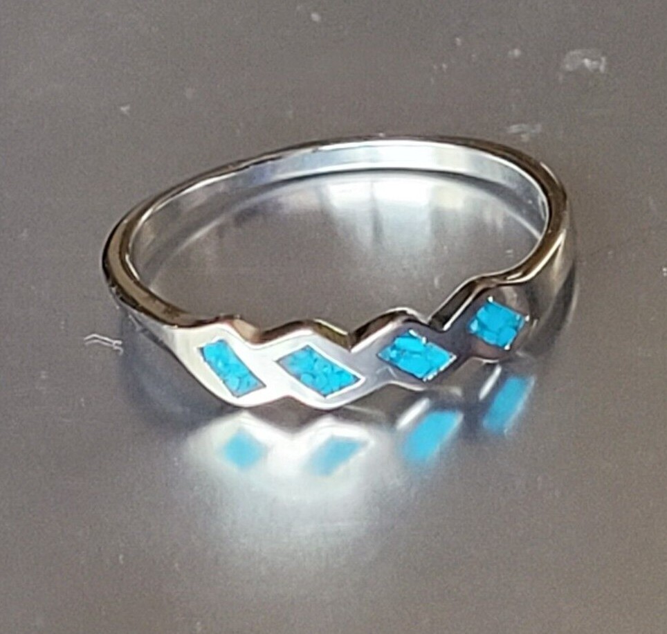 Silver Plated Genuine Turquoise Chip Inlay Ring Southwest 4 Squares Band Ring
