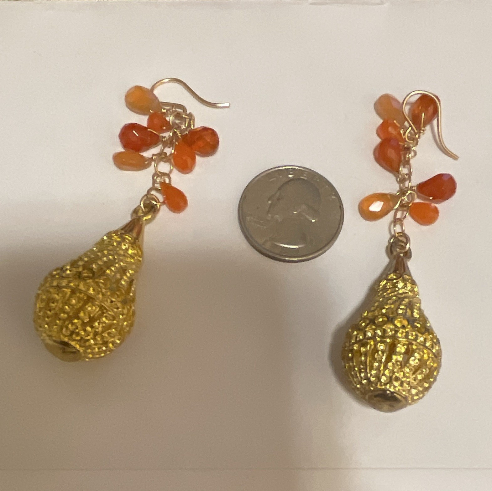 Gold Tone Textured Teardrop Dangle/Drop Hook Earrings, Orange Beaded