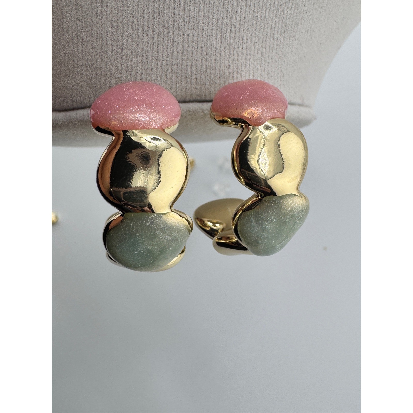 New 14K Gold Plated Pink Green Resin Wavy Organic Hoop Earrings Statement