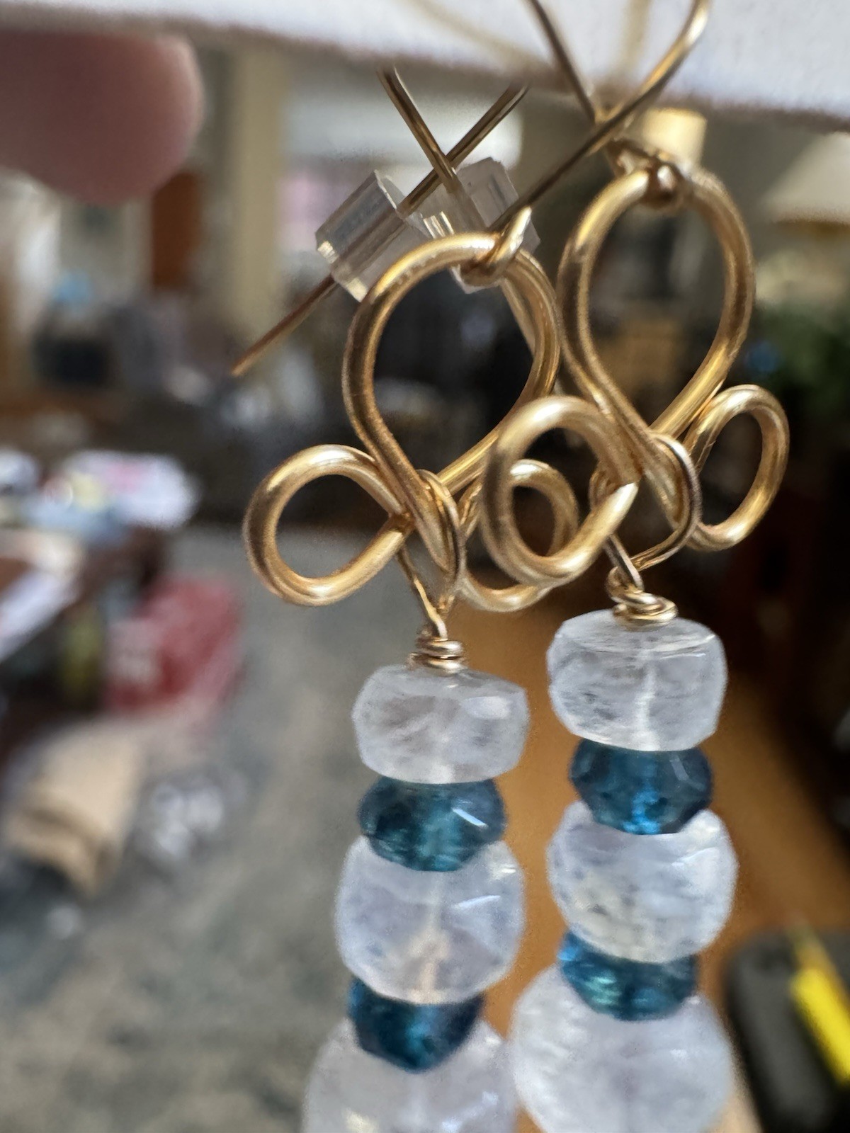 14k Yellow Gold White Moonstone and London Blue Topaz Drop Dangle Earrings
