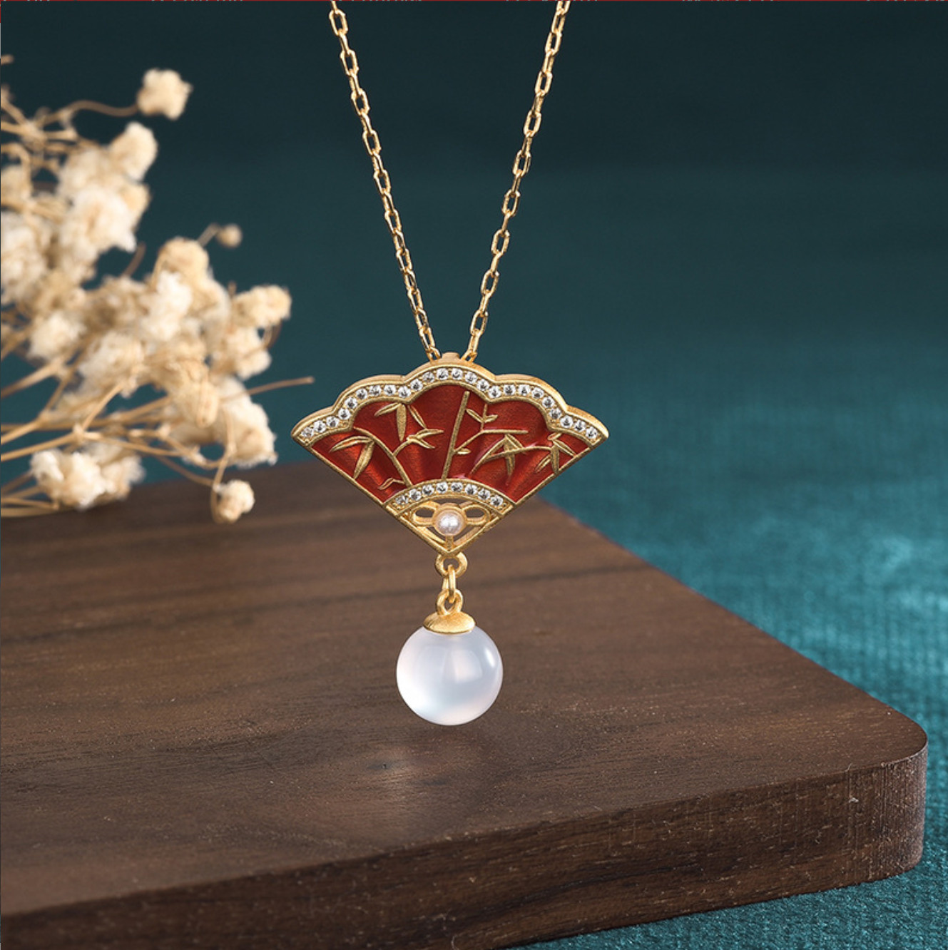1.2″Jade Jewelry Cloisonne Fan Charm Pendant with Chain Necklace 18K Gold Plated