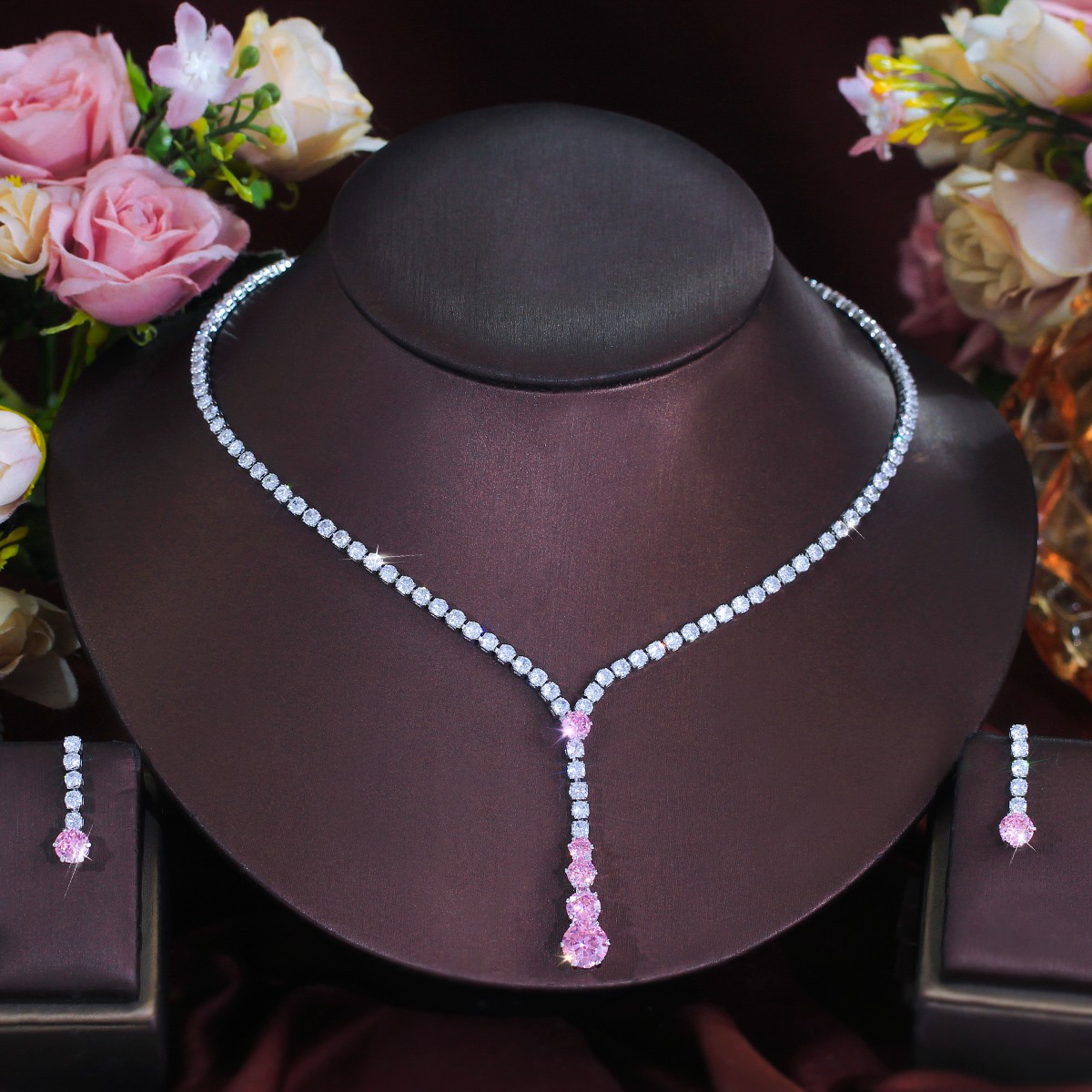 Women Stylish Long Drop Necklace and Earrings Silver Plated Round CZ Jewelry Set