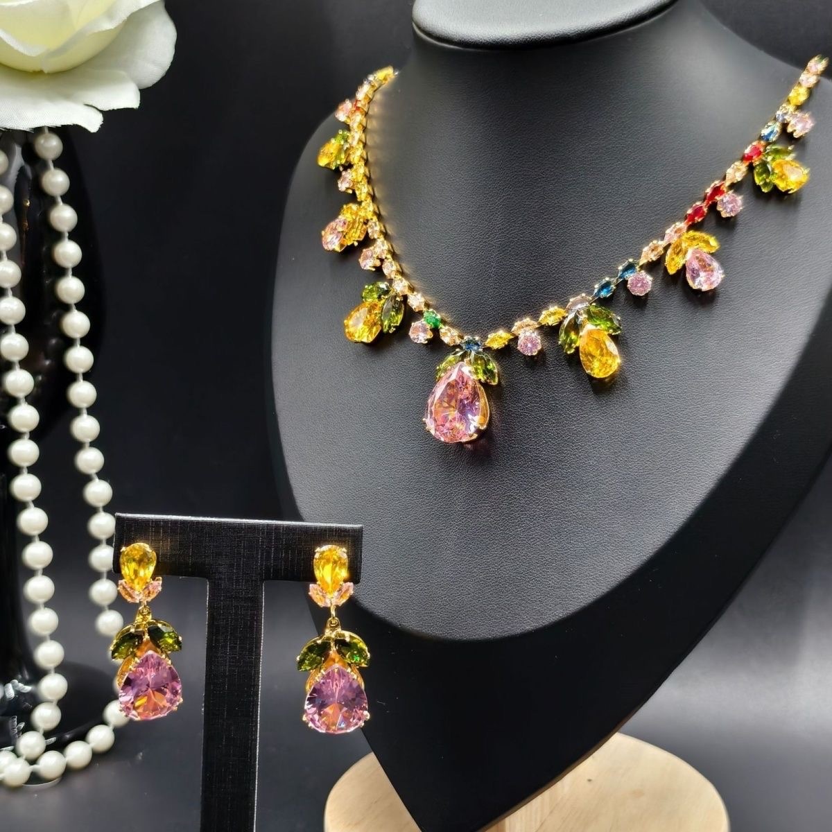 Multicolor Crystal Statement Necklace&Earrings Set Gold-Tone Floral Teardrop New