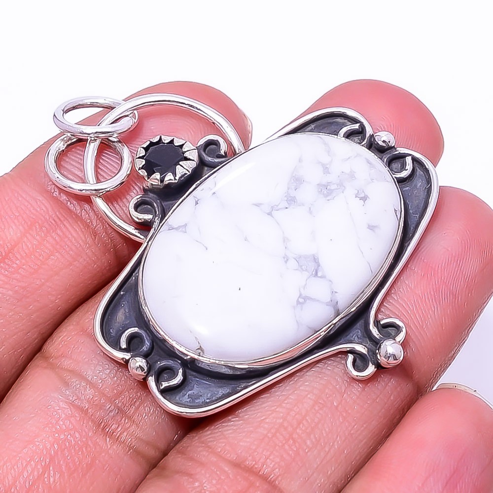 Natural White Howlite – United States 925 Sterling Silver Pendant 1.95″ P28