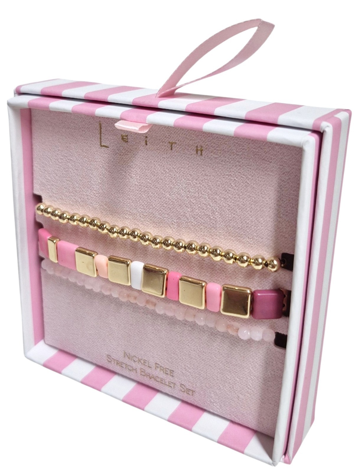 Leith Layered Stretch Bracelet Set of Three Pink White Goldtone Multi-Color NIB