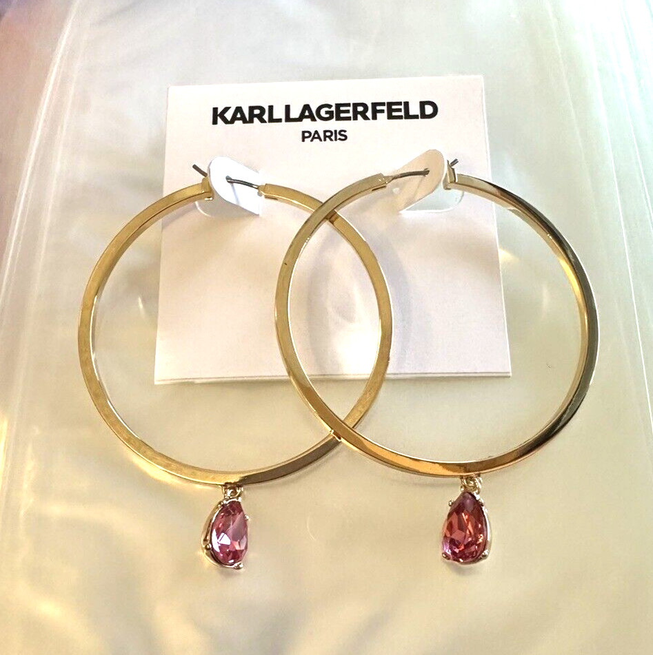 Karl Lagerfeld Paris Gold-Tone Pink Crystal Charm Hoop Earrings $45