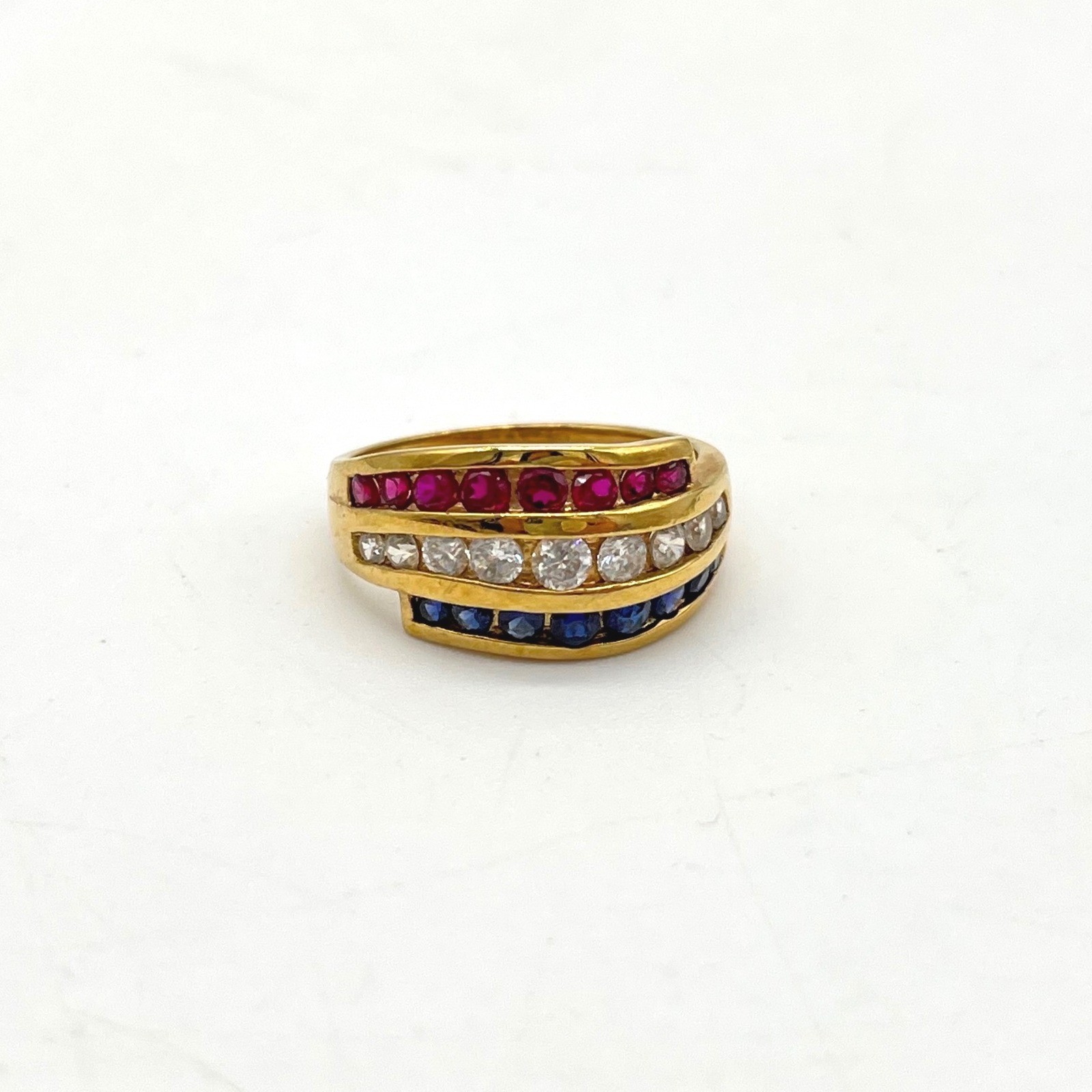 Gold Vermeil Sterling Silver Red White Blue Channel Set Triple Row Ring Size 10
