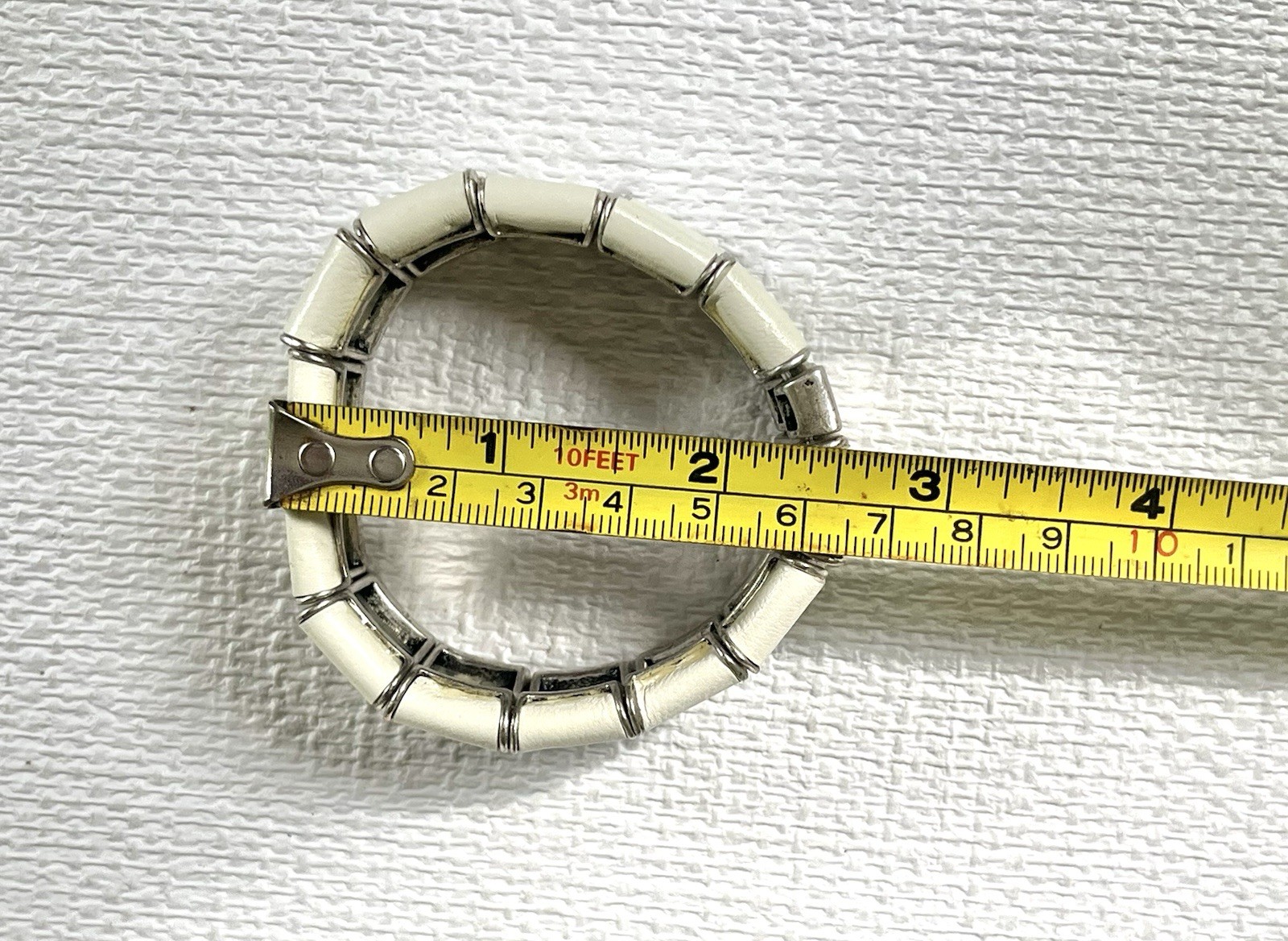 Link Cuff Bracelet Scandinavian White Leather Wrapped Links, Stretch bud to rose