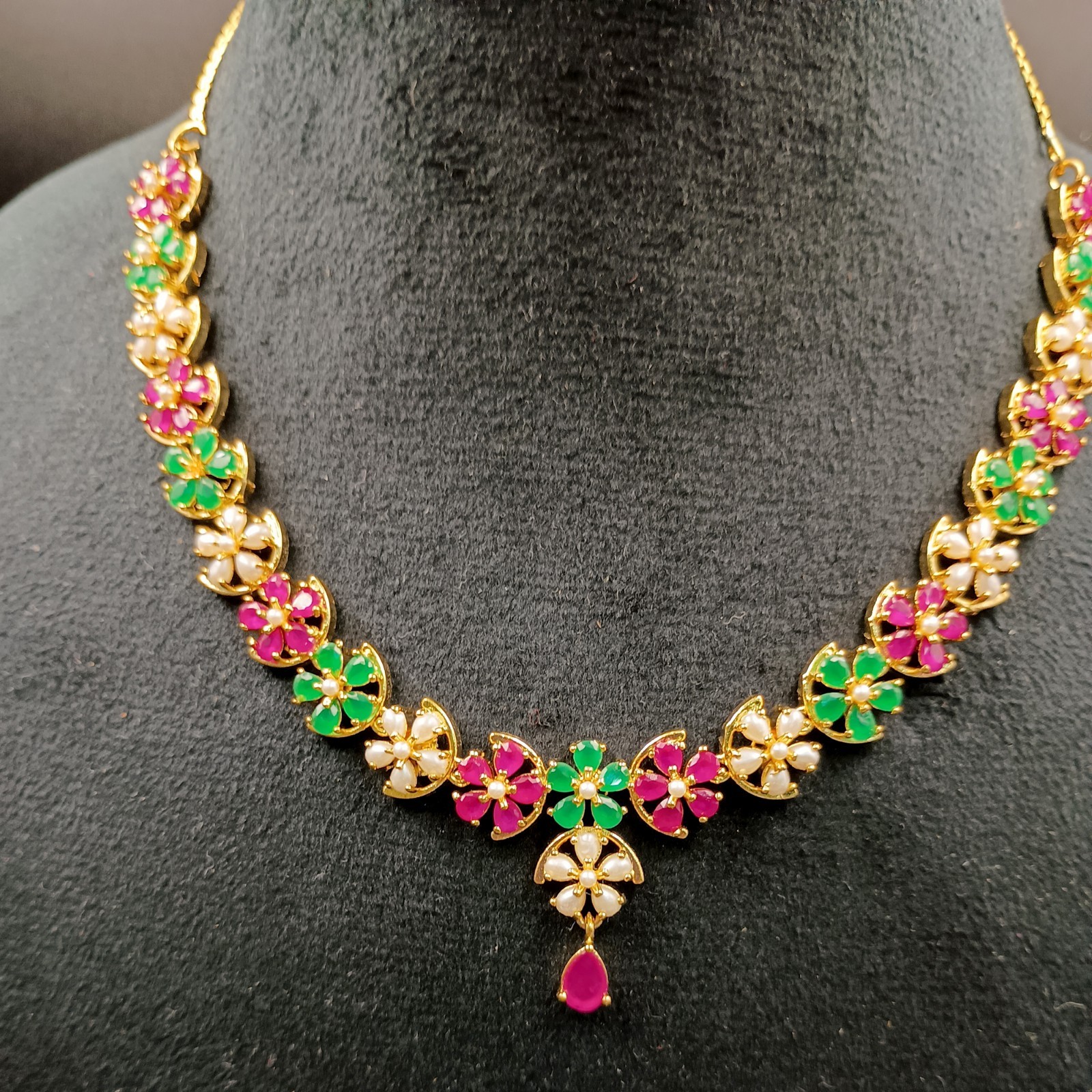 Vintage Flower Ruby Emerald Pearl Jewelry Set 22K Gold Plated Necklace Wedding G
