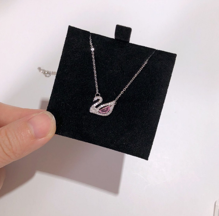 Women Girl 925 Sterling Silver Pink crystal swan pendant chain necklace gift E21