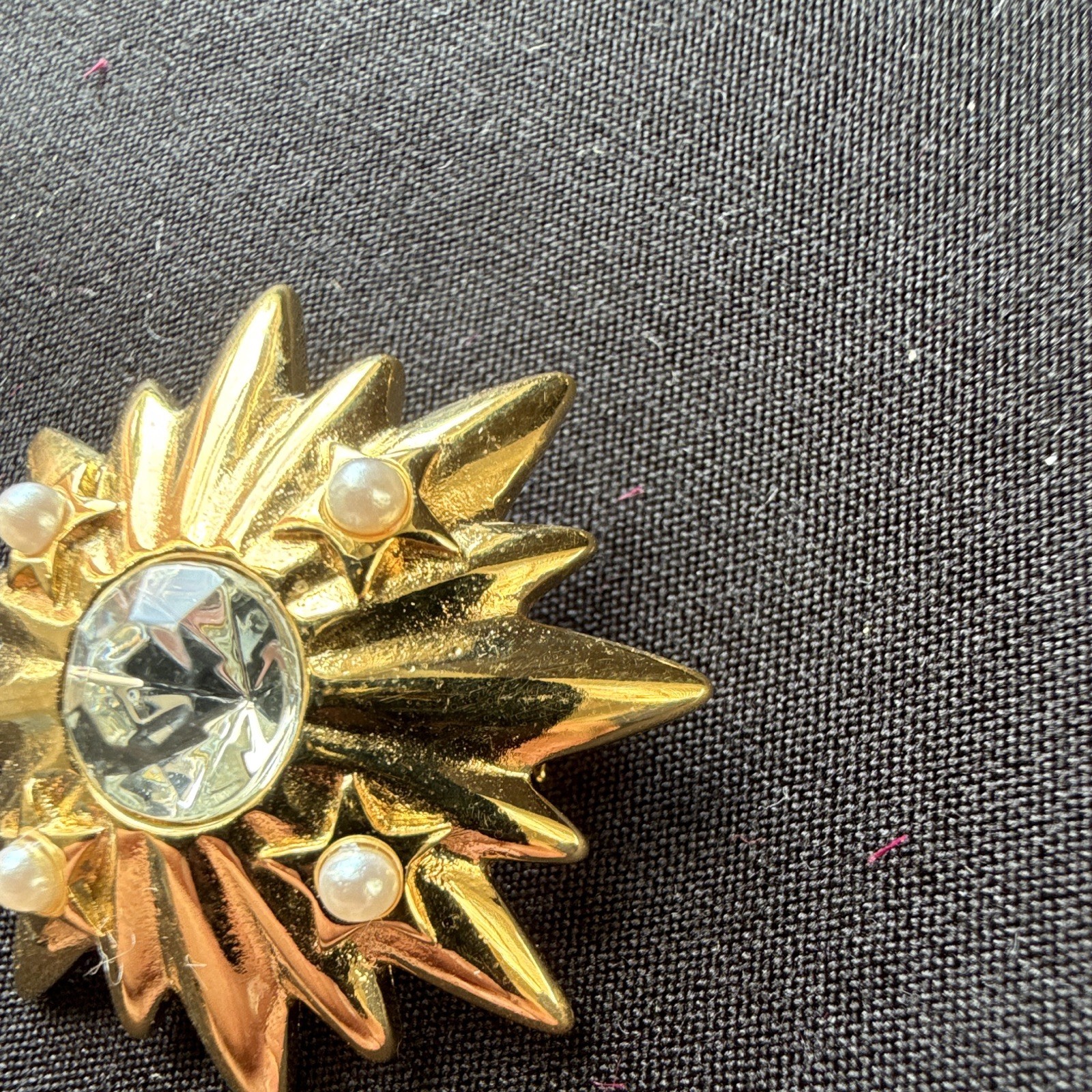 Vintage Trifari Signed Gold Tone Starburst Brooch Pin Rhinestone and Faux Pearls