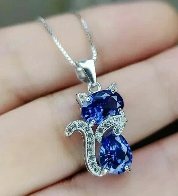 2Ct Oval Cut Simulated Blue Tanzanite Women Cat Pendant In 14k White Gold Plated