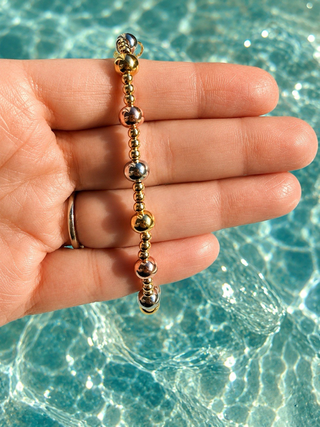 Tri-Tone Gold Plated Round Bead Chain Adjustable Bracelet Lobster Clasp