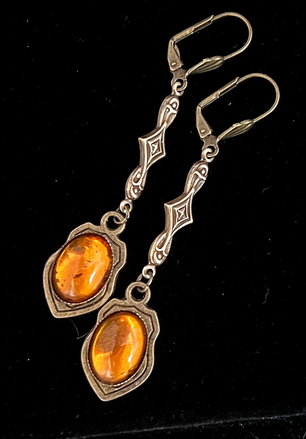 Victorian Revival Earrings Long Gothic Drops W Antique Amber Czech Glass