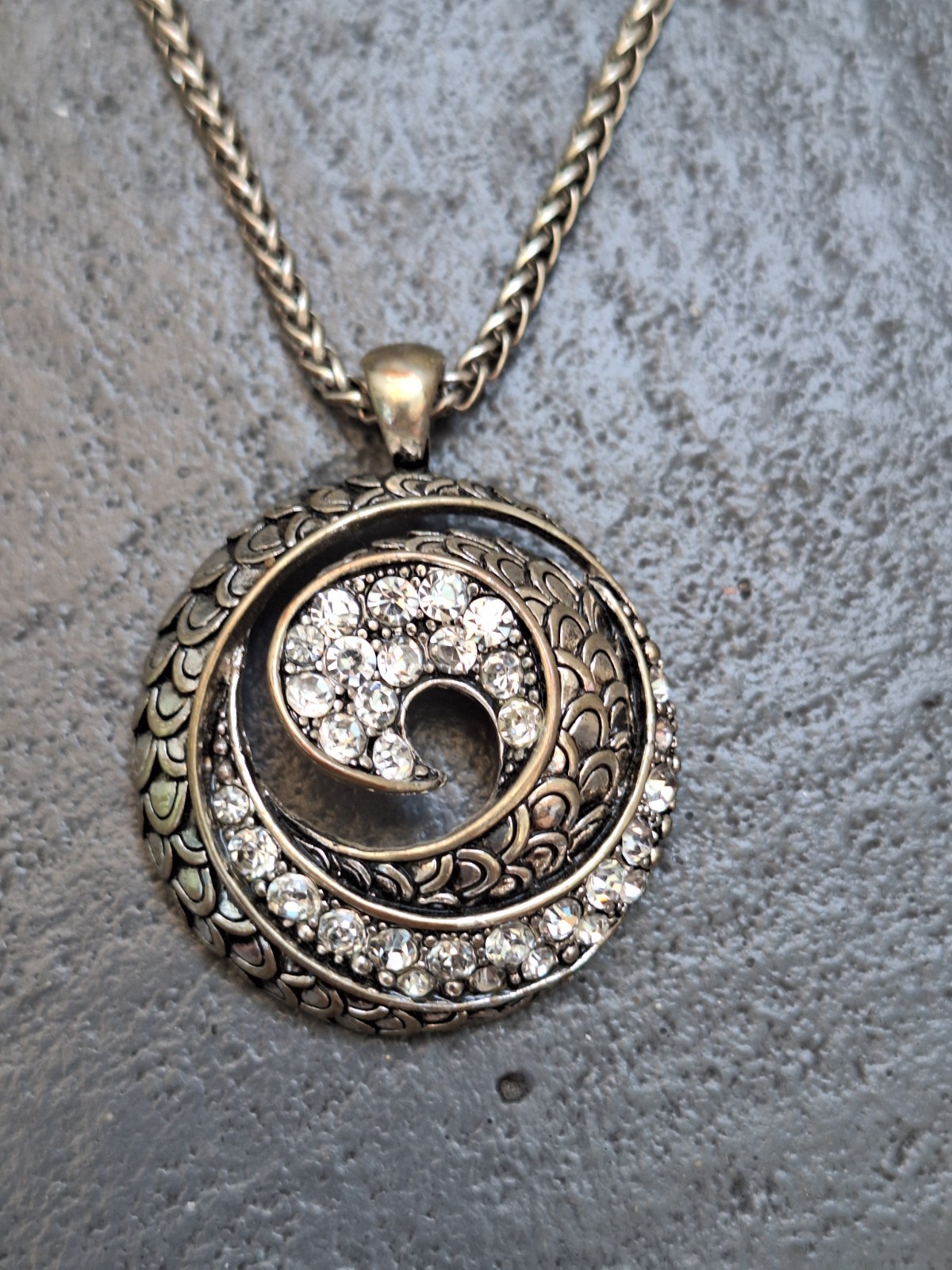 Crescent Swirl spiral wave round metal pendant necklace + crystals vintage