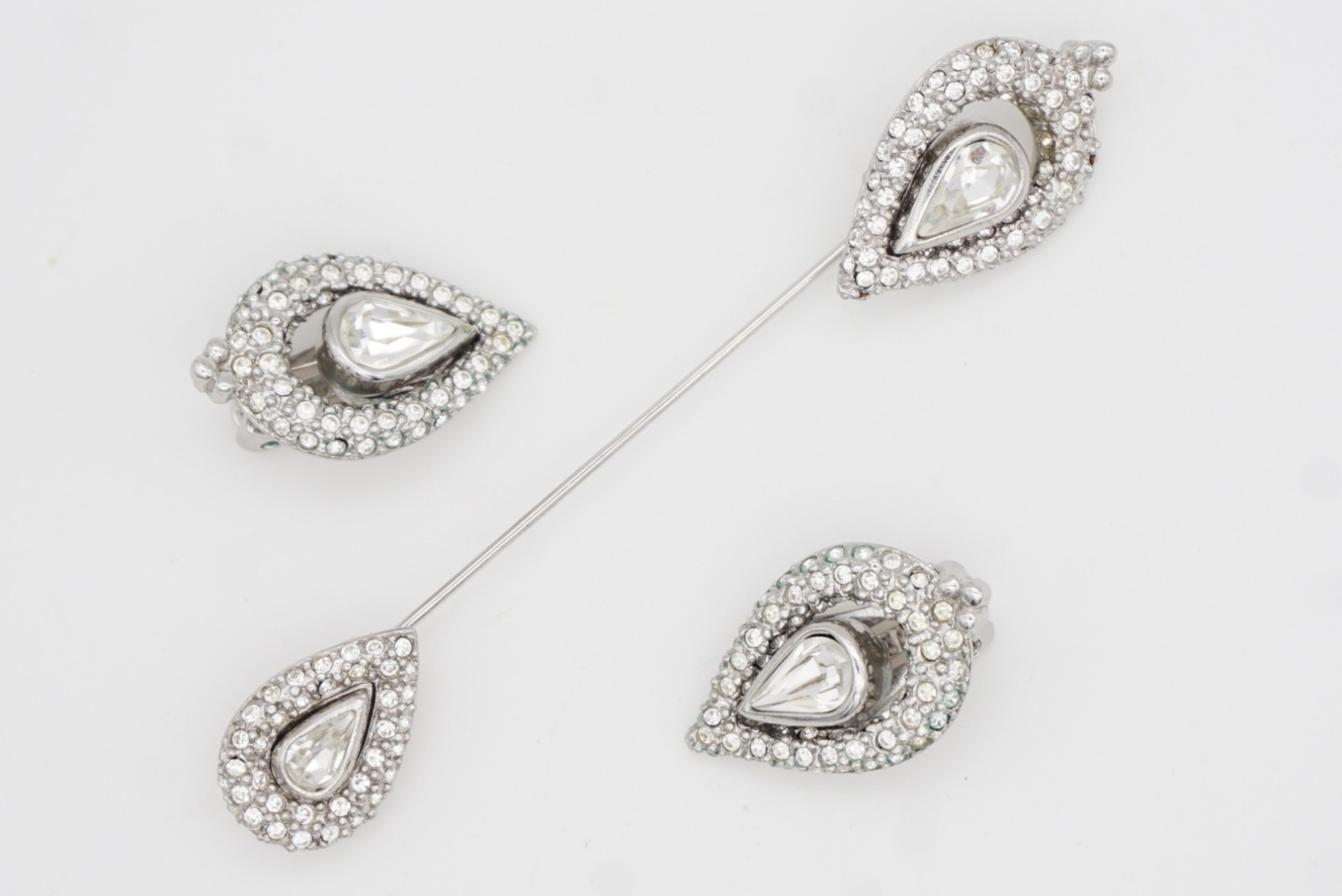 Christian Dior Vintage Peacock Eye Water Drop Whole White Crystals 2 Set, Silver