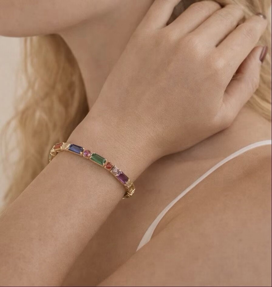 Rainbow Baguette Bracelet,Colorful CZ Bracelet,Birthday Gift for Her, BR036