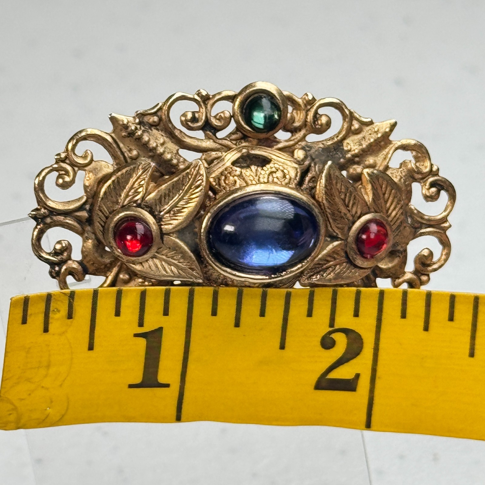 Vintage Brooch Blue Red Green jewel tone Gold Tone Ornate Floral Filigree mcm