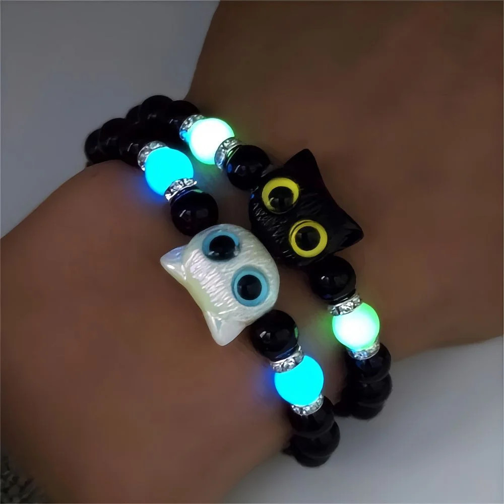 Black Luminous Beads Fashion Couple Bracelets Matching Charm for Women Men Cat