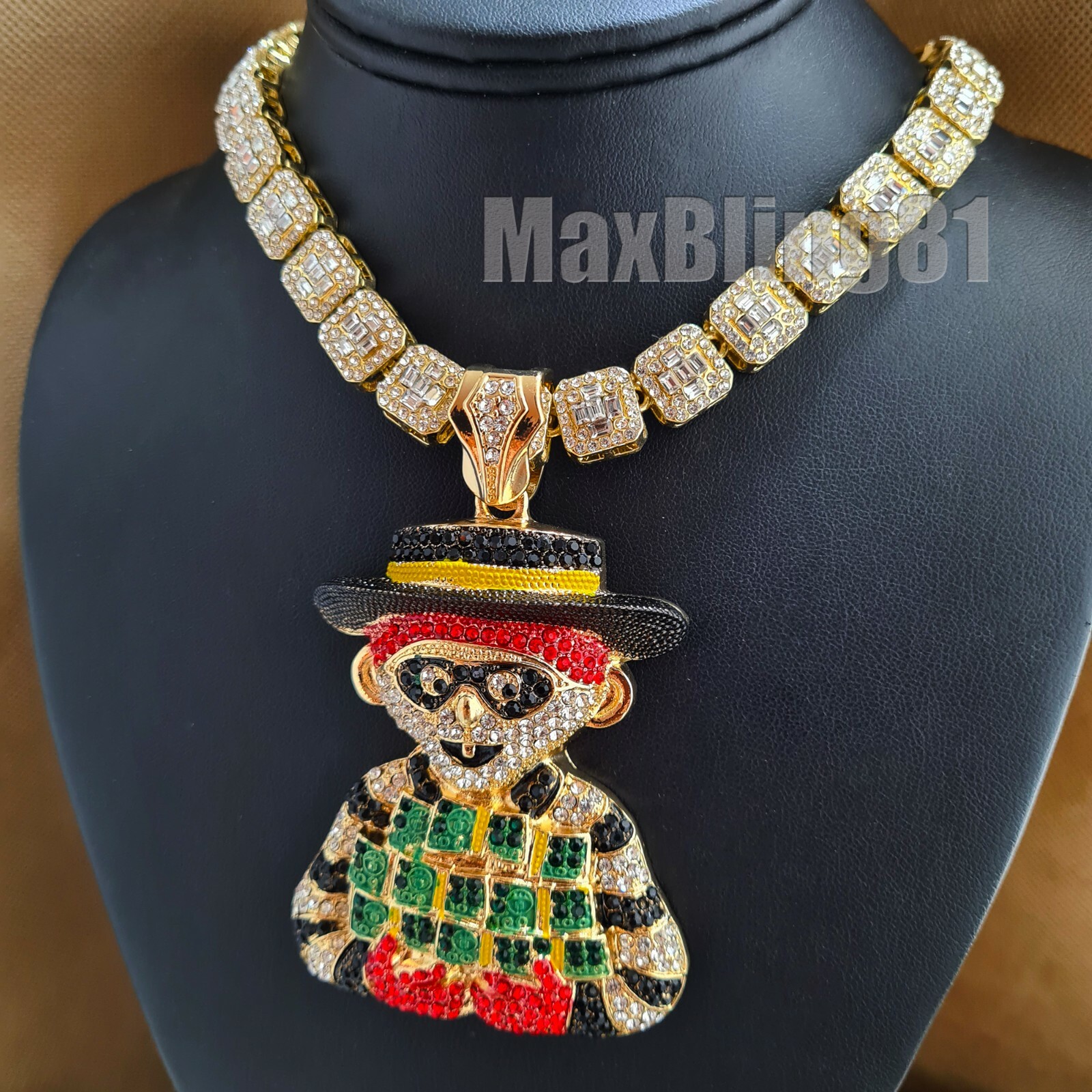 Hip Hop Large MONEY ROBBER Pendant & 16″ 18″ Iced Baguette Choker Chain Necklace