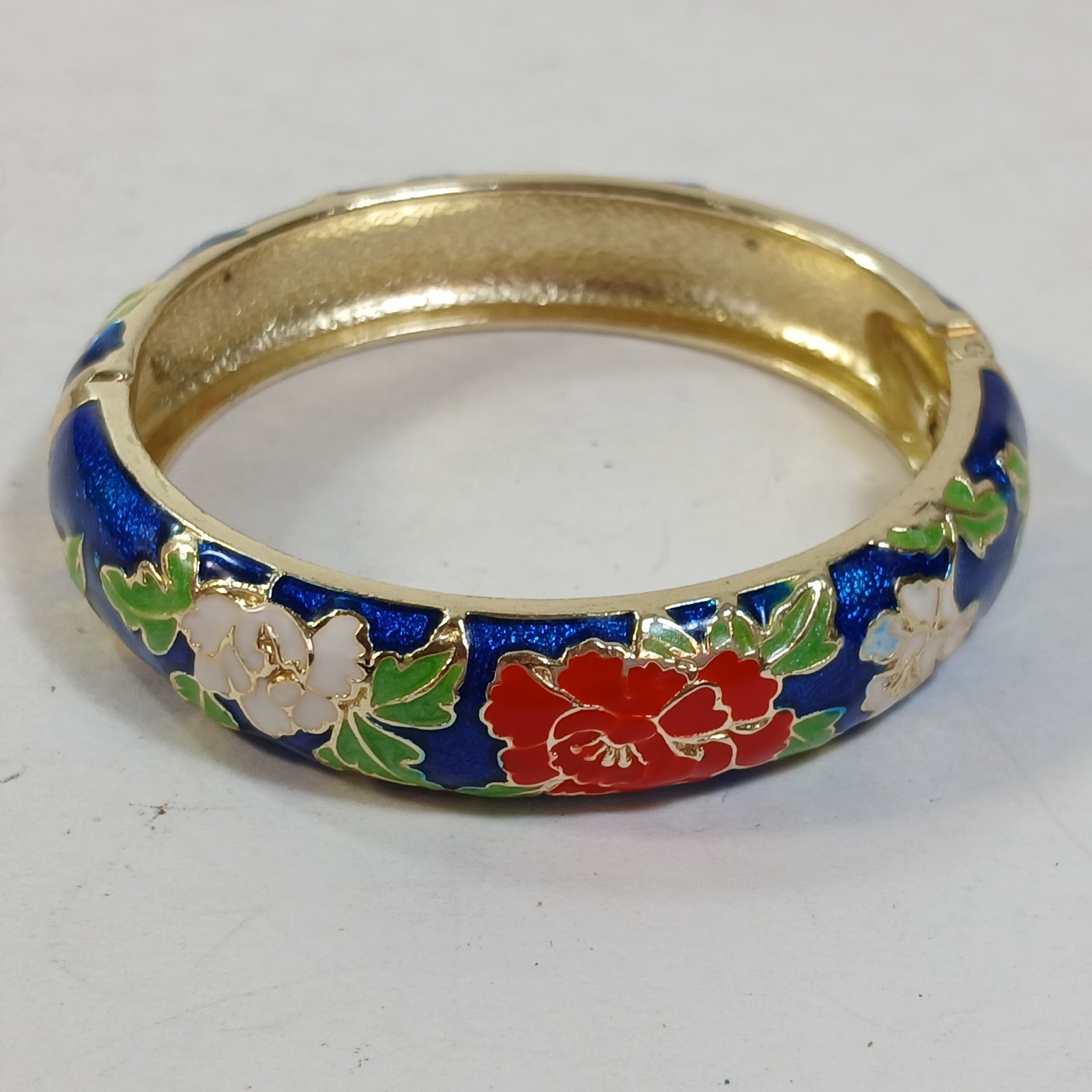 Signed Jiu Long Xing Blue Cloisonné Hinged Bracelet Enamel, Blue Bangle Floral