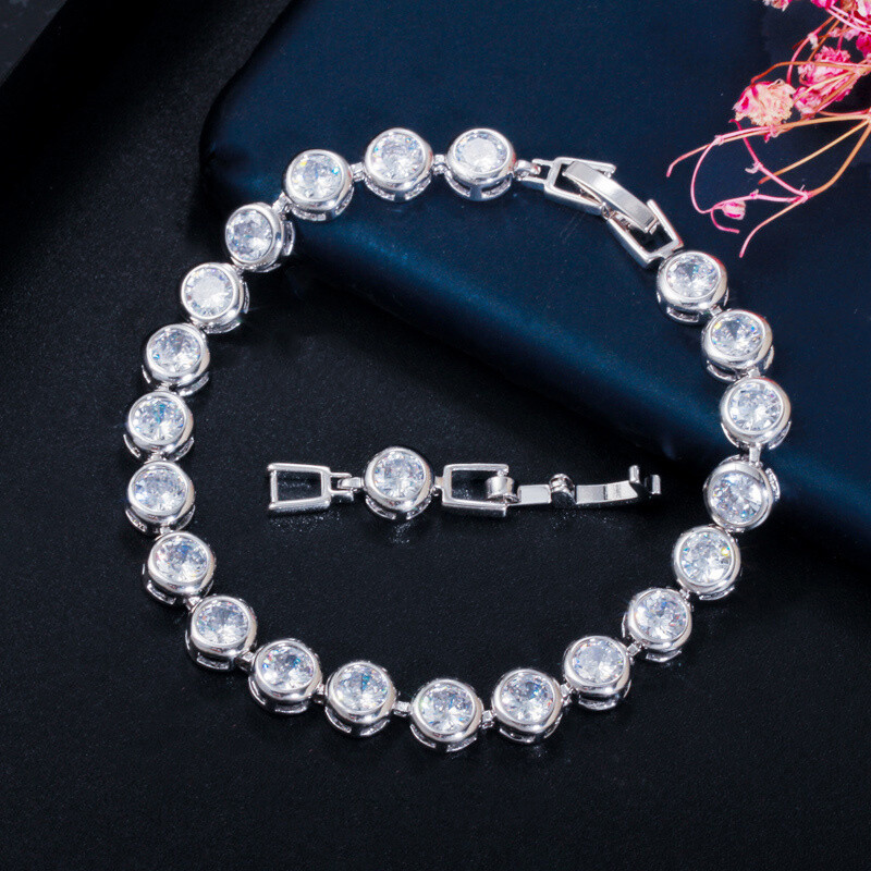 Gorgeous Gold Plated Colorful Round Cubic Zirconia Tennis Bracelet Women Jewelry