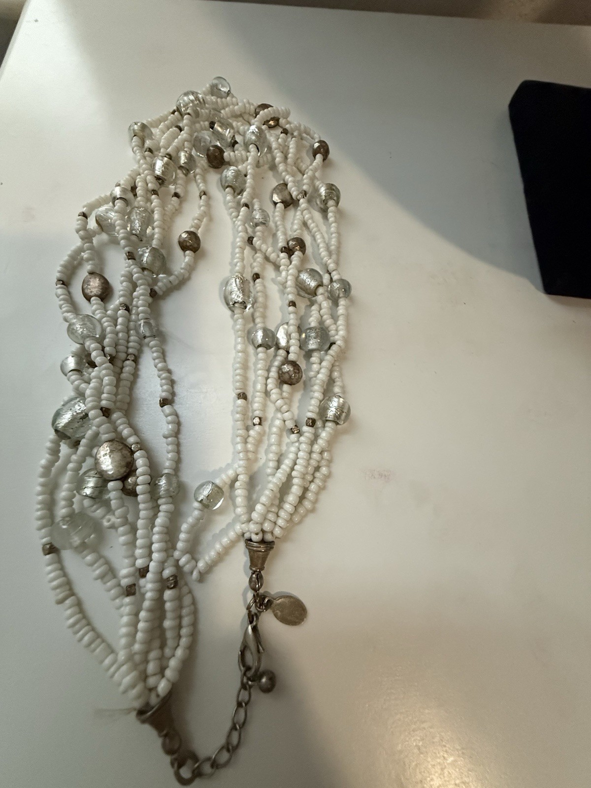 White & Silver Multi-Strand Glass Beaded Statement Necklace, Lobster, Adj.