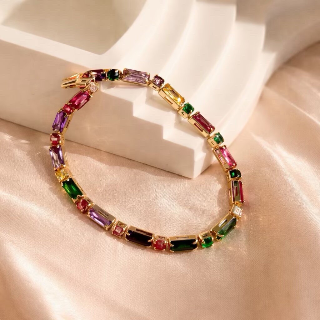 Rainbow Baguette Bracelet,Colorful CZ Bracelet,Birthday Gift for Her, BR036