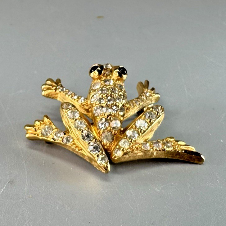 Vtg JOMAZ Frog Brooch Pin Gold-Tone Pave Clear Rhinestones Red Eyes Unsigned