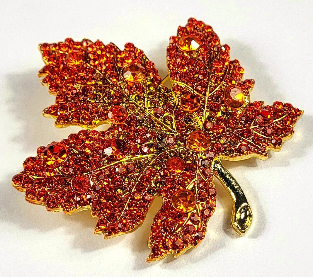 48mm Red Orange Rhinestone Maple Leaf Brooch Fashion Lapel Pin Badge + Gift Box