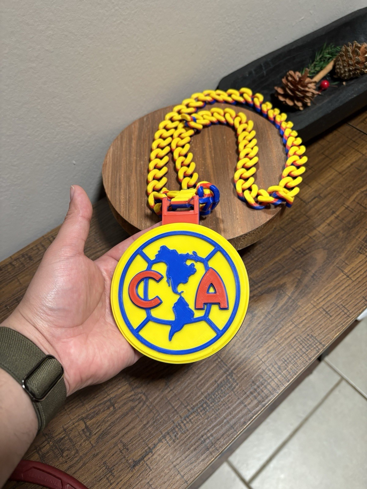 Club America CA Medal Pendant Necklace Cuban Link Chain Plastic Yellow Blue Red