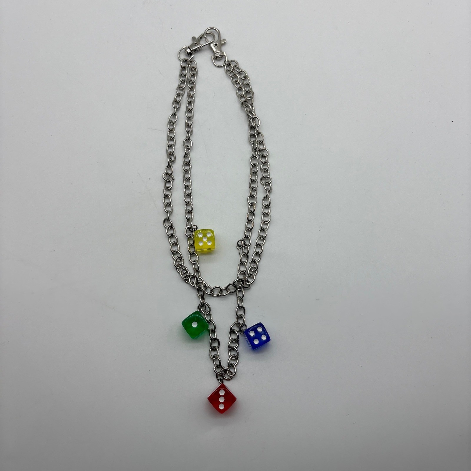 Silver Tone Double Layered Chain Necklace with Multicolor Translucent Dice