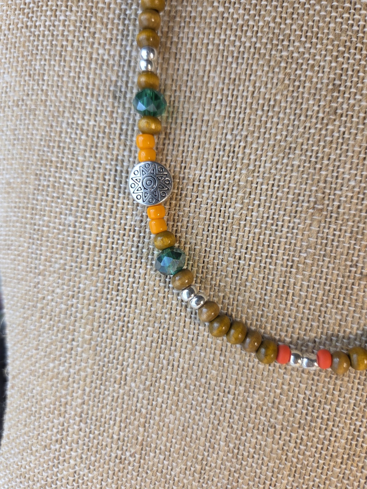 Beaded Necklace Wood Glass Beads Bohemian 18 Inches Lobster Clasp Green Red Boho