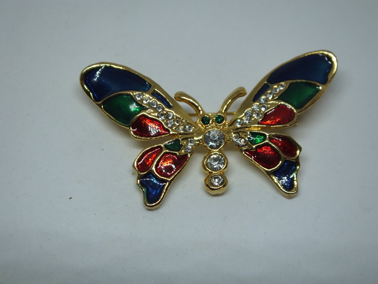 Beautiful Brooch Pin Butterfly Gold Tone Red Green Blue Enamel Clear Green Rhine