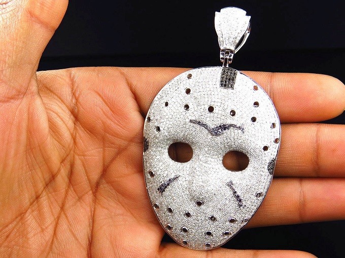 Big 35.50 Gm Solid 925 Silver Round CZ Friday13th Jason Mask Pendant 12.0Ct New*