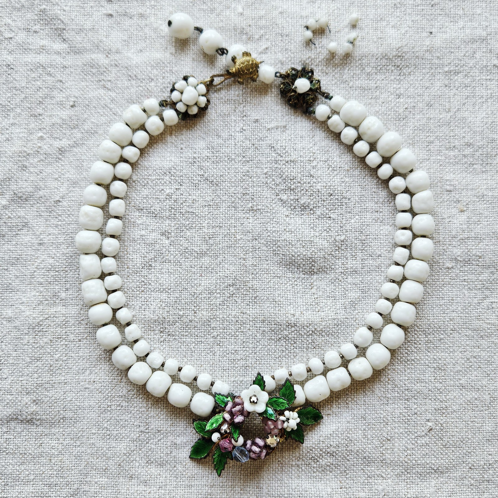 Unsigned Miriam Haskell Floral Pendant Double Strand Milk Glass Beaded Necklace